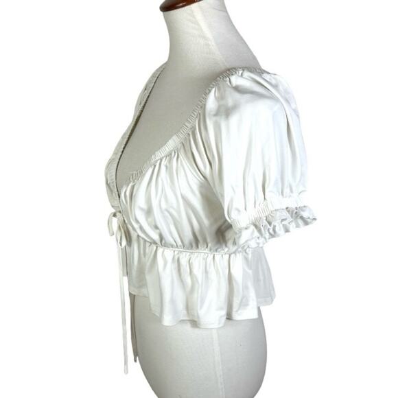 Audrey 3+1 Cream Ruffle Crop Soft Jersey V Neck Tie Closure Blouse / Cardigan L - Picture 2 of 5